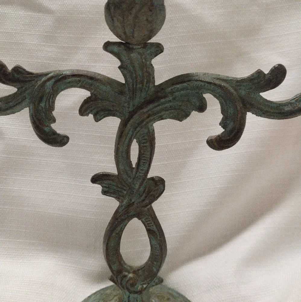 Vintage Z Gallerie Green Patina Iron Baroque Candelabra
